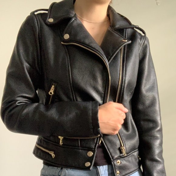 Fully-Lined Vegan Leather Biker Moto Motorcycle Jacket with Gold Zipper Hardware - Picture 7 of 13